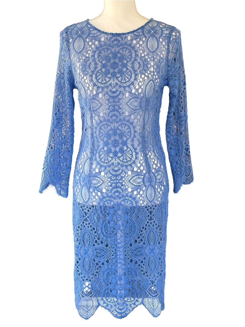 Roberto Verino Luxury Blue Floral Crochet Lace Long Sleeve Midi Dress